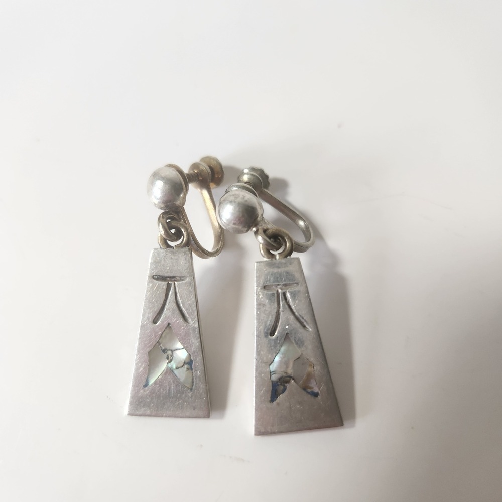 Vintage Mexico 925 Sterling Silver Abalone Inlay‎ Screw Back Drop Earrings VR-08